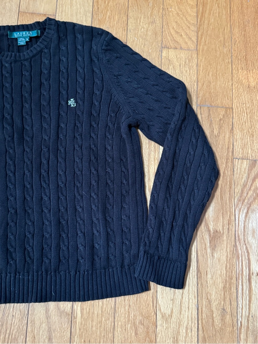 Lauren Ralph Lauren Womens Black Cable Knit Sweater M Fisherman New England